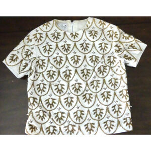 Vtg Macy's 60s Ivory Gold Beaded Top 10 Pearl Drop Tassel Deco Hong Kong